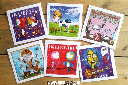 Nikki Genee Art Producten, Art Cards / Kunst kaarten, Artprints van koeien , biggen, poesjes, vogels, john lennon, Lakshmi